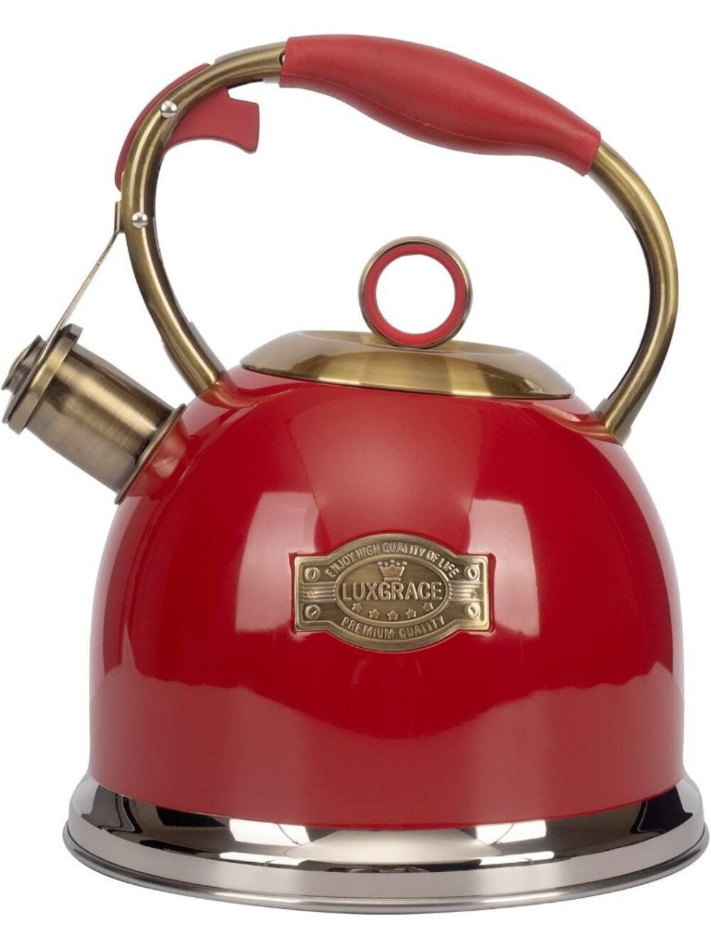 Red Whistling Stainless Steel Kitchen Tea Kettles 2.6 Quart Stovetop Induction